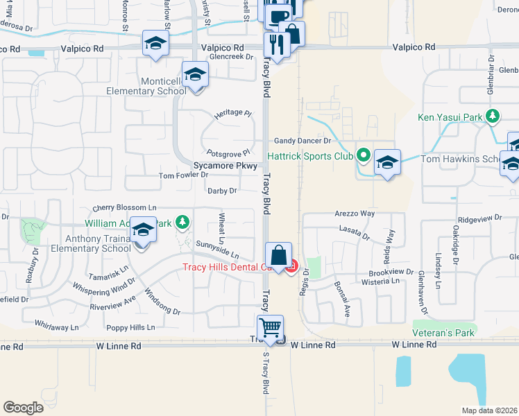 map of restaurants, bars, coffee shops, grocery stores, and more near 4005 South Tracy Boulevard in Tracy