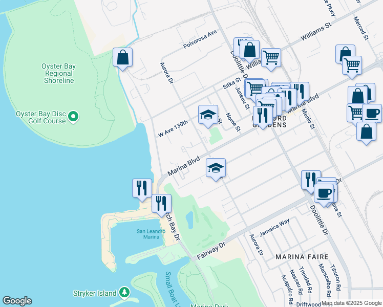 map of restaurants, bars, coffee shops, grocery stores, and more near 2615 Marina Boulevard in San Leandro
