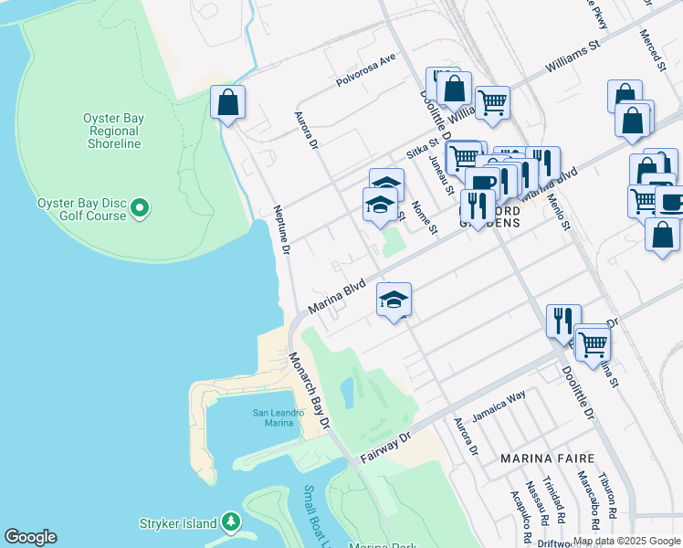 map of restaurants, bars, coffee shops, grocery stores, and more near 2615 Marina Boulevard in San Leandro