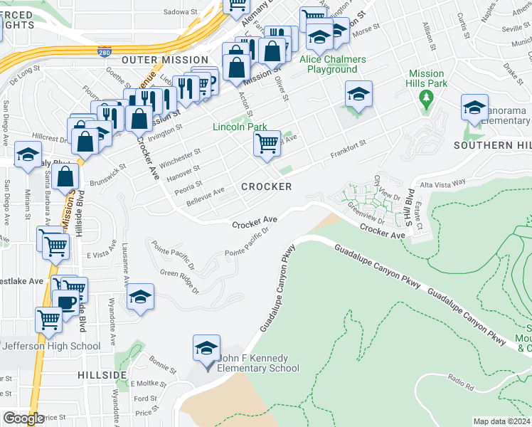 map of restaurants, bars, coffee shops, grocery stores, and more near 989 Crocker Avenue in Daly City