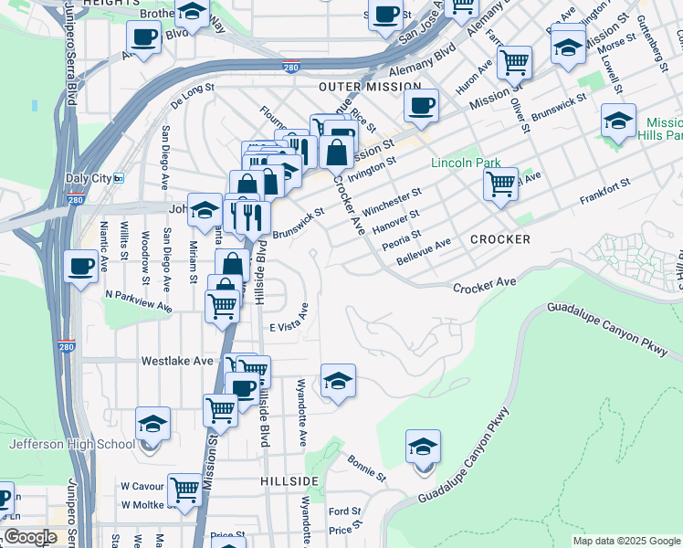 map of restaurants, bars, coffee shops, grocery stores, and more near 883 Bellevue Avenue in Daly City