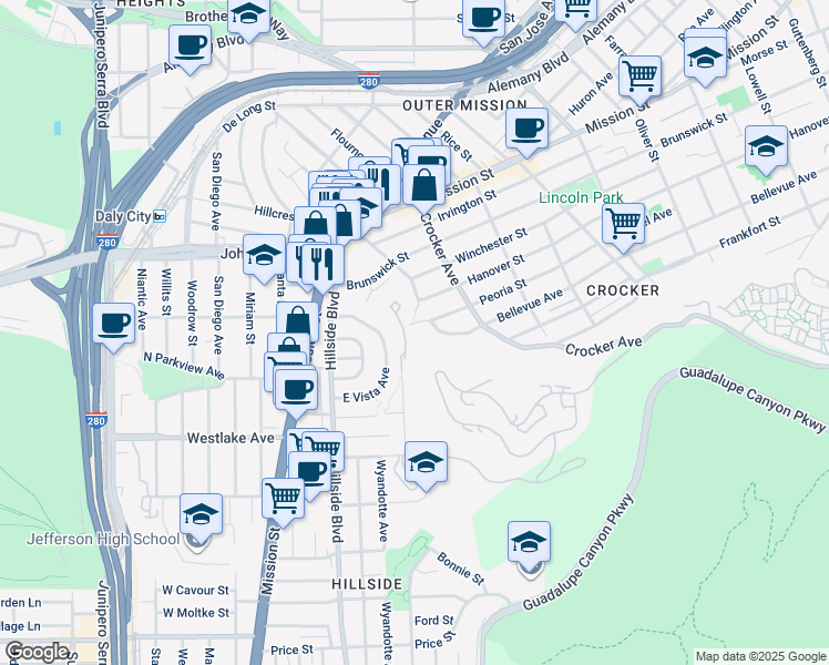 map of restaurants, bars, coffee shops, grocery stores, and more near 883 Bellevue Avenue in Daly City