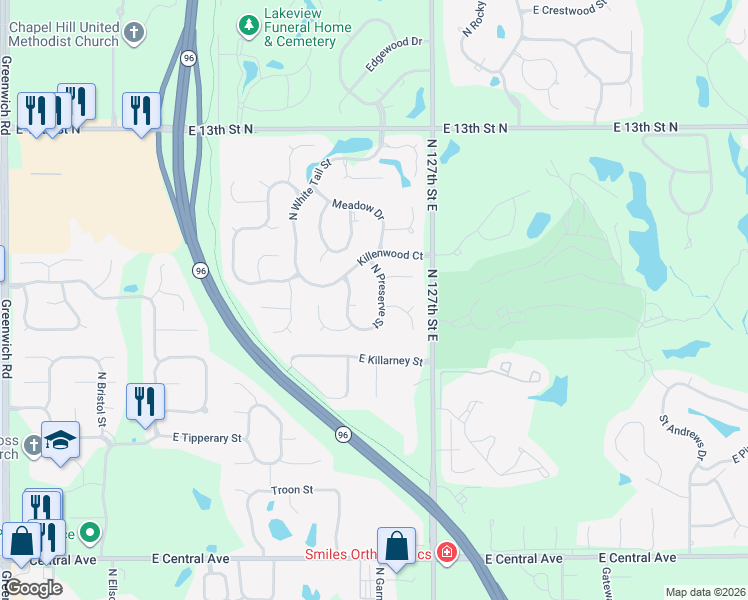 map of restaurants, bars, coffee shops, grocery stores, and more near 1020 North Woodridge Drive in Wichita