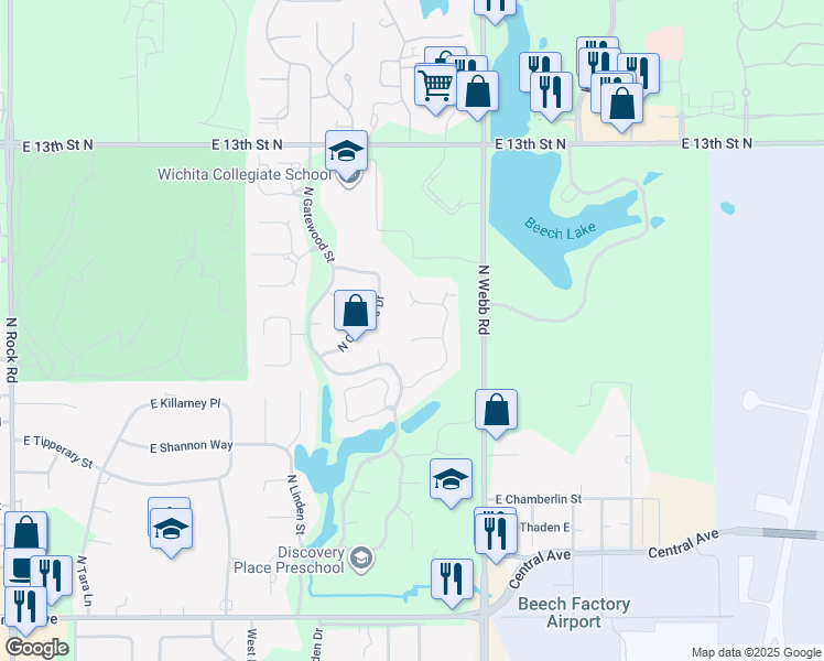 map of restaurants, bars, coffee shops, grocery stores, and more near 9442 East Cross Creek Court in Wichita