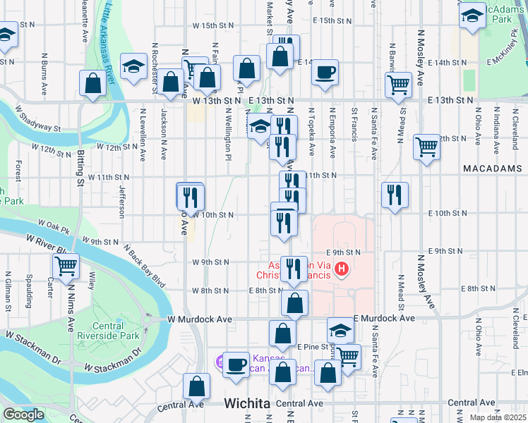 map of restaurants, bars, coffee shops, grocery stores, and more near 1068 North Market Street in Wichita