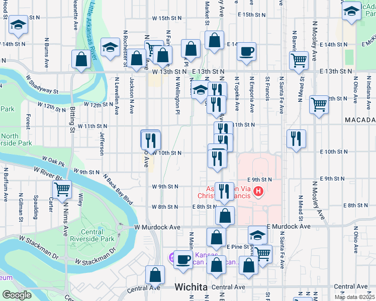map of restaurants, bars, coffee shops, grocery stores, and more near 1064 North Main in Wichita