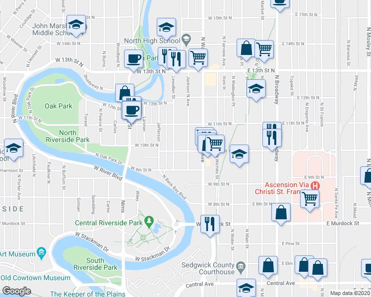 map of restaurants, bars, coffee shops, grocery stores, and more near 517 West 10th Street North in Wichita