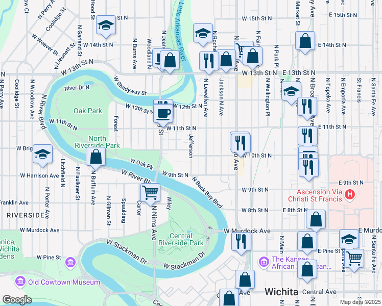 map of restaurants, bars, coffee shops, grocery stores, and more near 1102 North Jefferson Street in Wichita