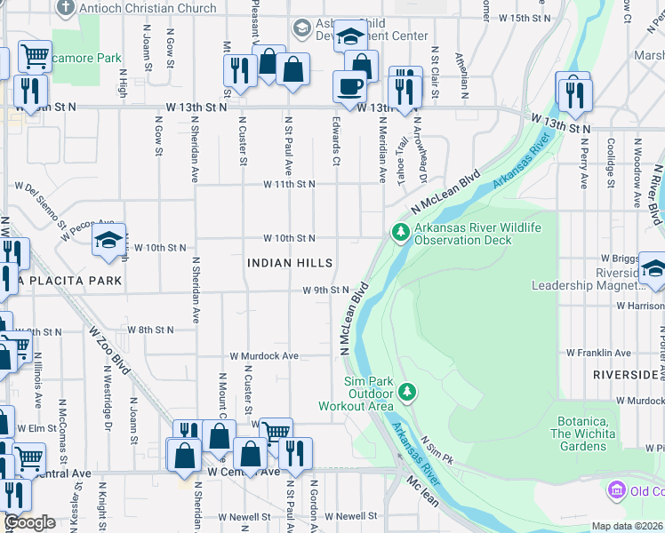 map of restaurants, bars, coffee shops, grocery stores, and more near 1017 North Edwards in Wichita