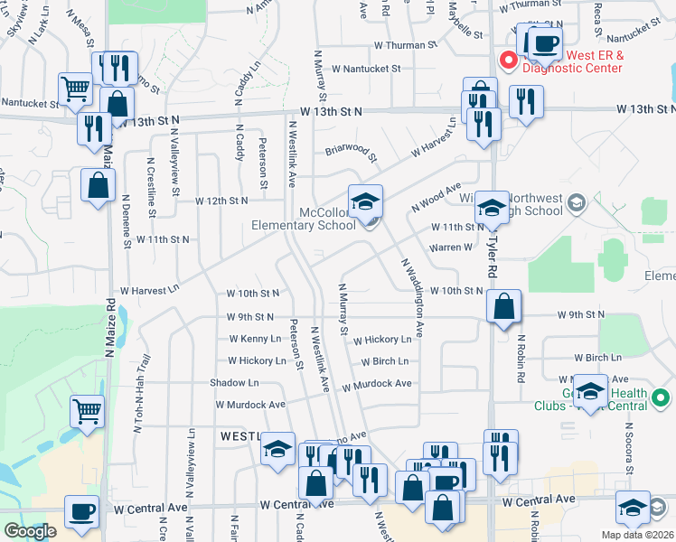 map of restaurants, bars, coffee shops, grocery stores, and more near 1121 North Murray Street in Wichita