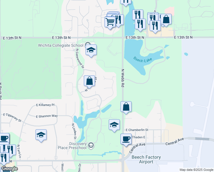 map of restaurants, bars, coffee shops, grocery stores, and more near 9442 East Cross Creek Court in Wichita
