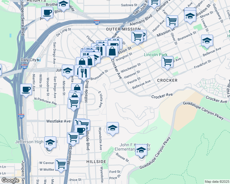 map of restaurants, bars, coffee shops, grocery stores, and more near 883 Bellevue Avenue in Daly City