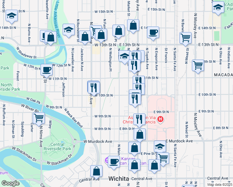 map of restaurants, bars, coffee shops, grocery stores, and more near 1103 North Main Street in Wichita