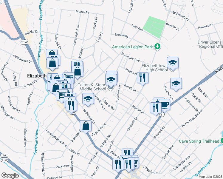 map of restaurants, bars, coffee shops, grocery stores, and more near 313 Morningside Drive in Elizabethtown