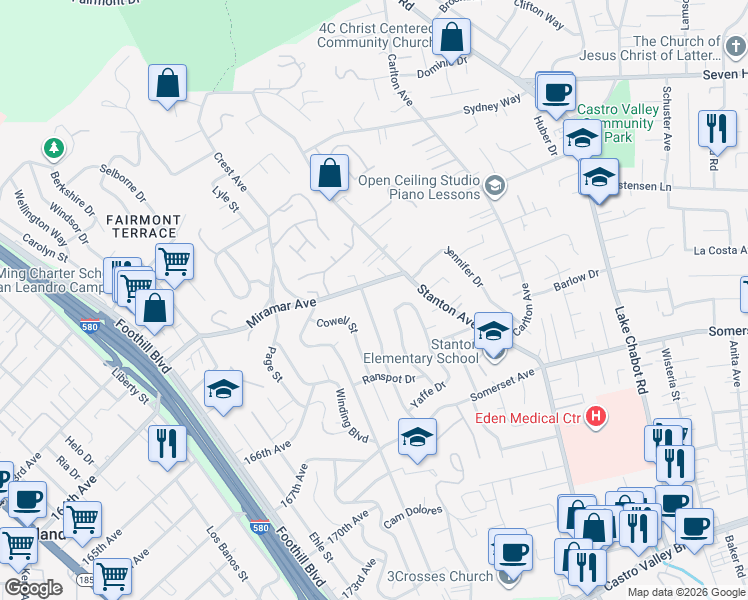 map of restaurants, bars, coffee shops, grocery stores, and more near 19416 Yuma Street in Castro Valley
