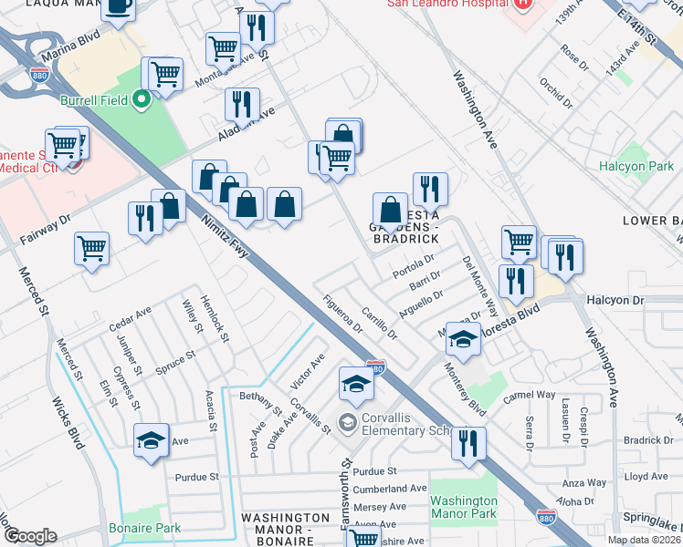 map of restaurants, bars, coffee shops, grocery stores, and more near 956 Figueroa Drive in San Leandro