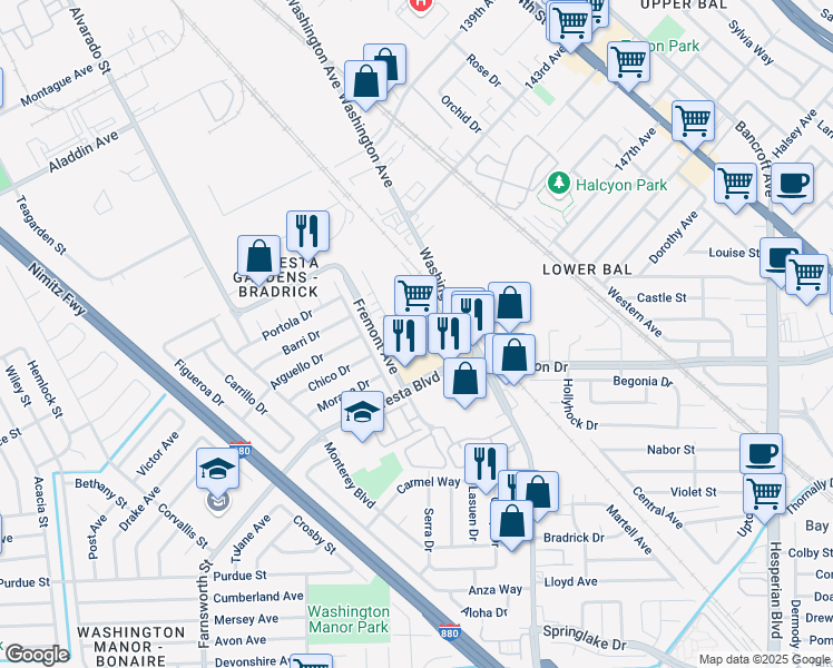 map of restaurants, bars, coffee shops, grocery stores, and more near 520 Monogram St in San Leandro
