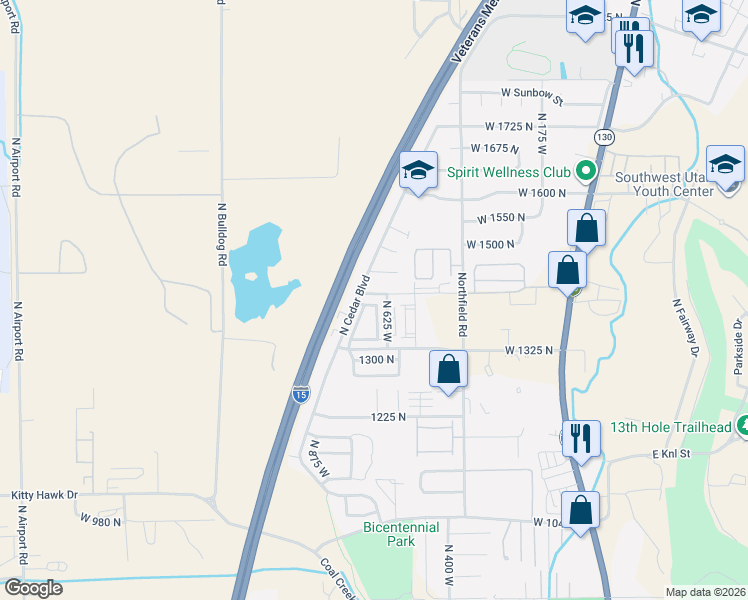 map of restaurants, bars, coffee shops, grocery stores, and more near 1396 North 625 West in Cedar City