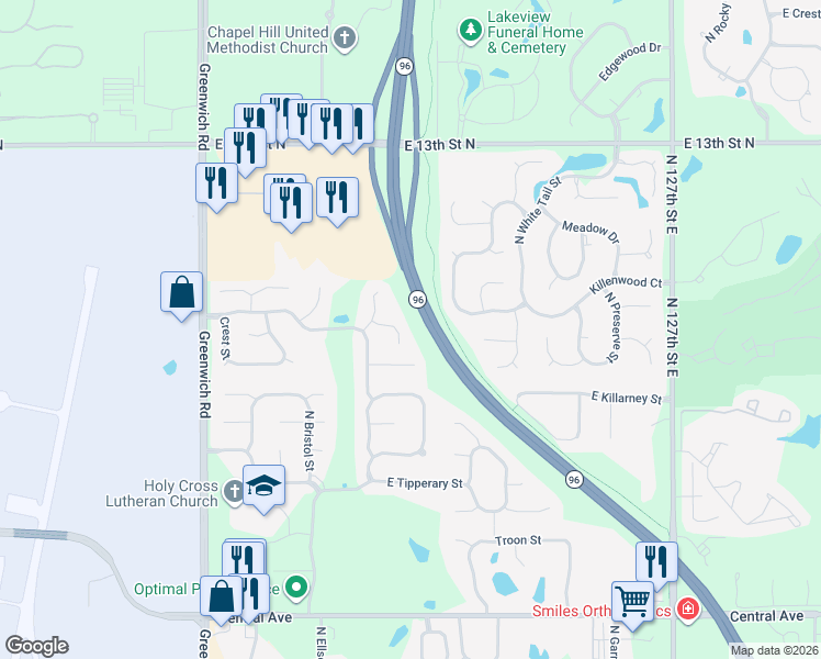 map of restaurants, bars, coffee shops, grocery stores, and more near 1094 North Bedford Court in Wichita