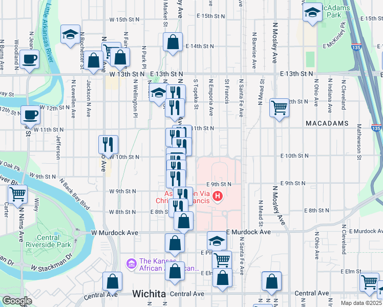 map of restaurants, bars, coffee shops, grocery stores, and more near North Topeka Street in Wichita
