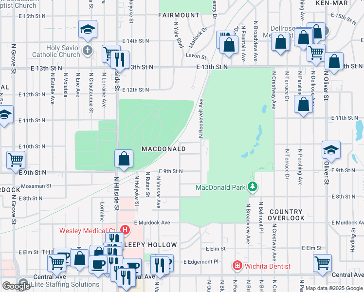 map of restaurants, bars, coffee shops, grocery stores, and more near 1050 North Yale Street in Wichita