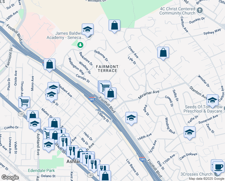 map of restaurants, bars, coffee shops, grocery stores, and more near Lindview Drive in Castro Valley