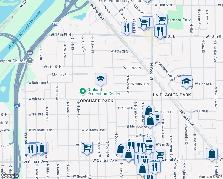 map of restaurants, bars, coffee shops, grocery stores, and more near 1101 North Dougherty Avenue in Wichita