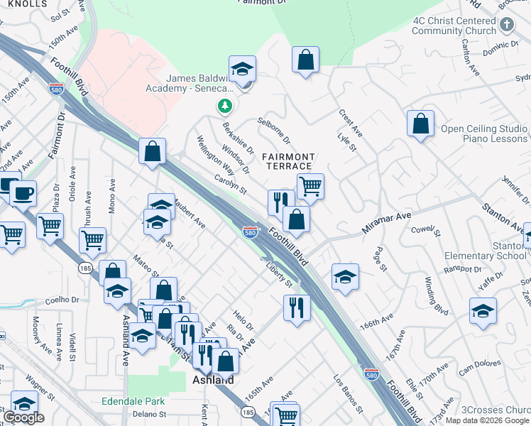 map of restaurants, bars, coffee shops, grocery stores, and more near 16251 Carolyn Street in San Leandro