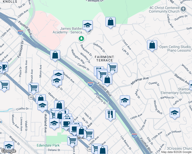 map of restaurants, bars, coffee shops, grocery stores, and more near 16251 Carolyn Street in San Leandro