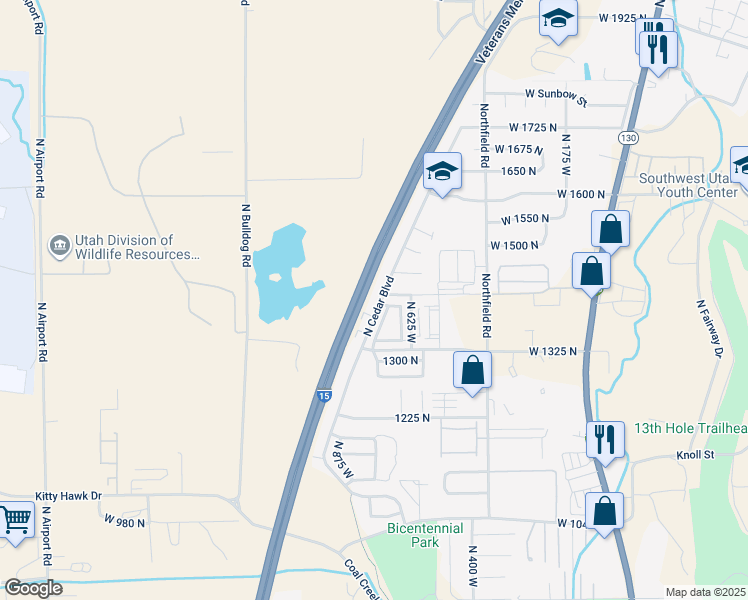 map of restaurants, bars, coffee shops, grocery stores, and more near 1397 North Cedar Boulevard in Cedar City