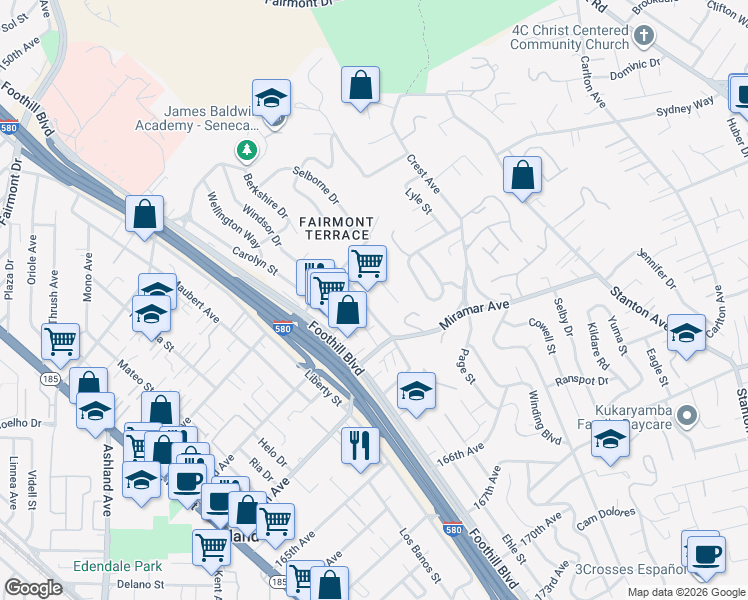 map of restaurants, bars, coffee shops, grocery stores, and more near 16272 Saratoga Street in San Leandro