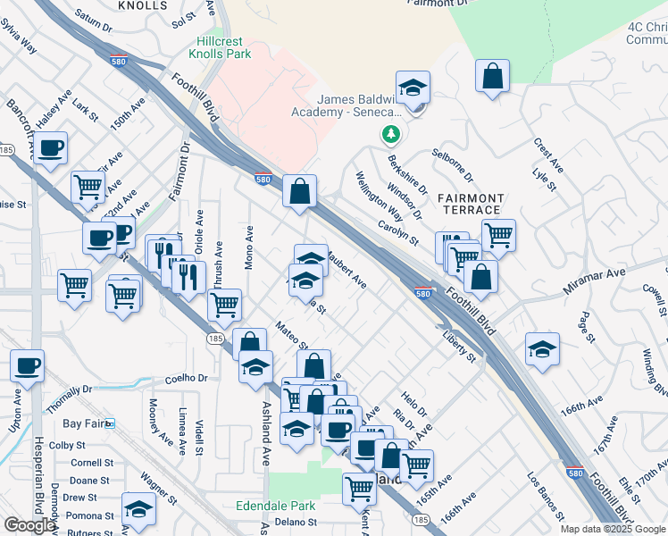 map of restaurants, bars, coffee shops, grocery stores, and more near 15997 Maubert Avenue in San Leandro