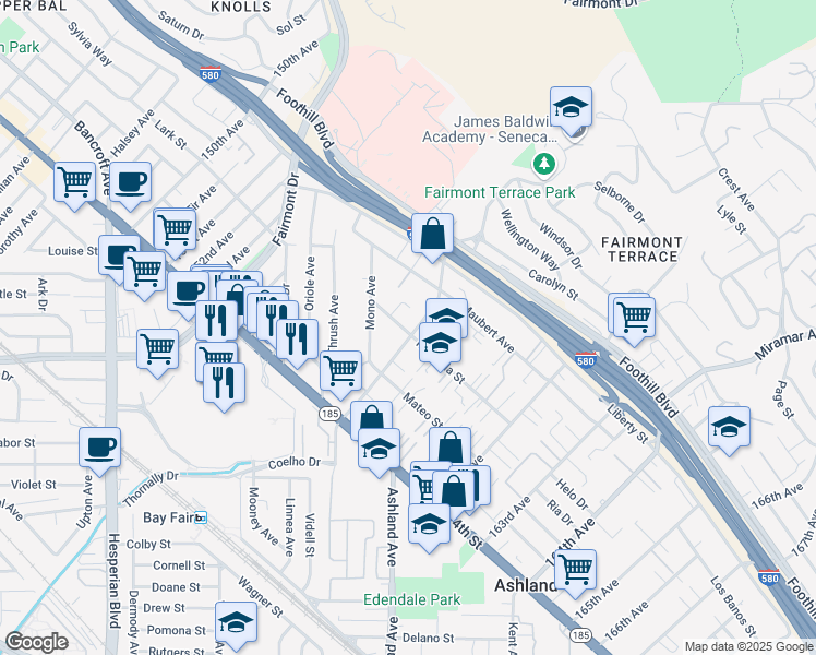 map of restaurants, bars, coffee shops, grocery stores, and more near 1600 159th Avenue in San Leandro