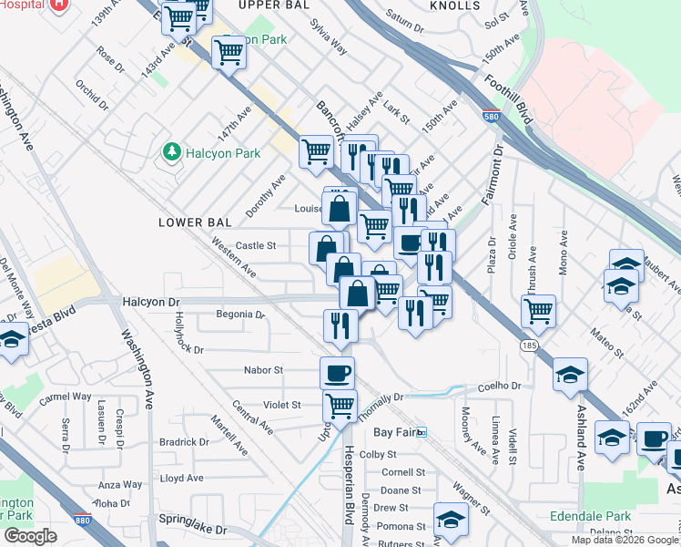 map of restaurants, bars, coffee shops, grocery stores, and more near 15073 Hesperian Boulevard in San Leandro