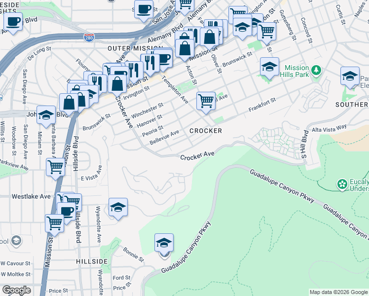 map of restaurants, bars, coffee shops, grocery stores, and more near 835 Templeton Avenue in Daly City