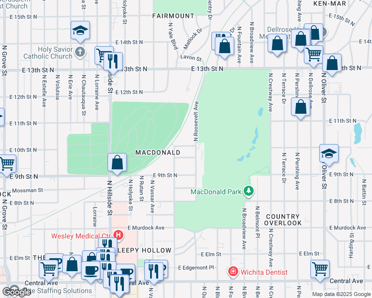 map of restaurants, bars, coffee shops, grocery stores, and more near 1050 North Yale Street in Wichita