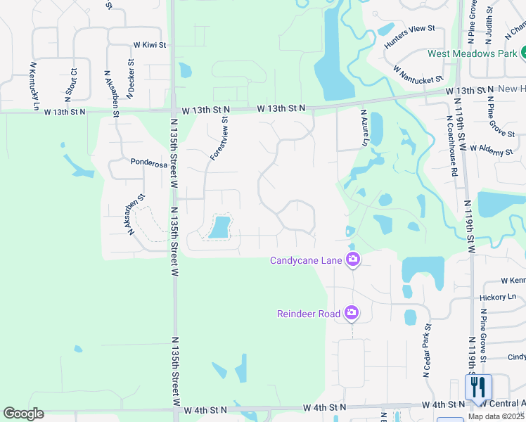 map of restaurants, bars, coffee shops, grocery stores, and more near 1117 N Hickory Creek Ct in Wichita
