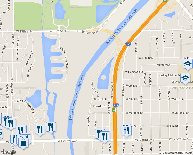 map of restaurants, bars, coffee shops, grocery stores, and more near 1014 North Bayshore Drive in Wichita