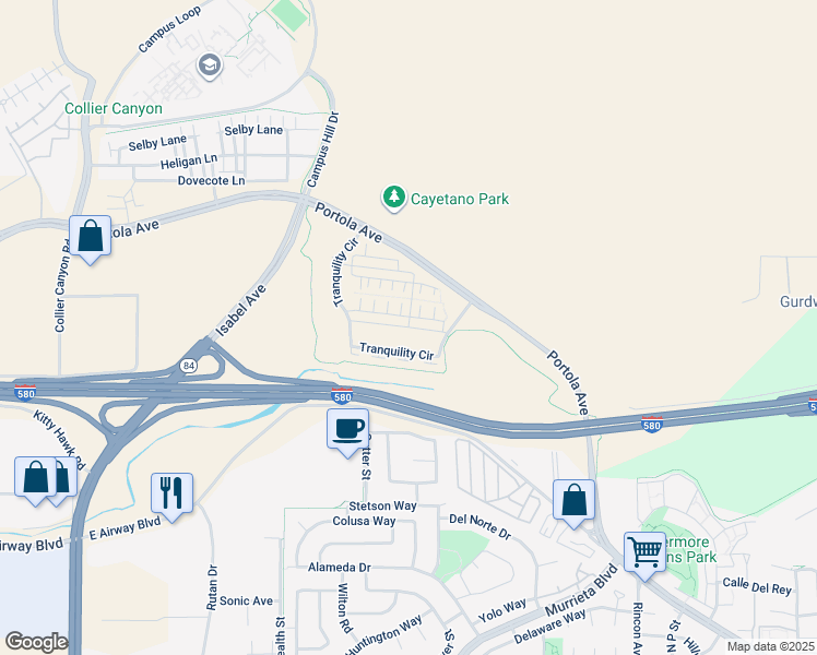 map of restaurants, bars, coffee shops, grocery stores, and more near Sandalwood Drive in Livermore