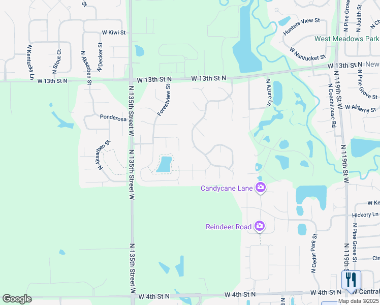 map of restaurants, bars, coffee shops, grocery stores, and more near 1117 North Hickory Creek Court in Wichita