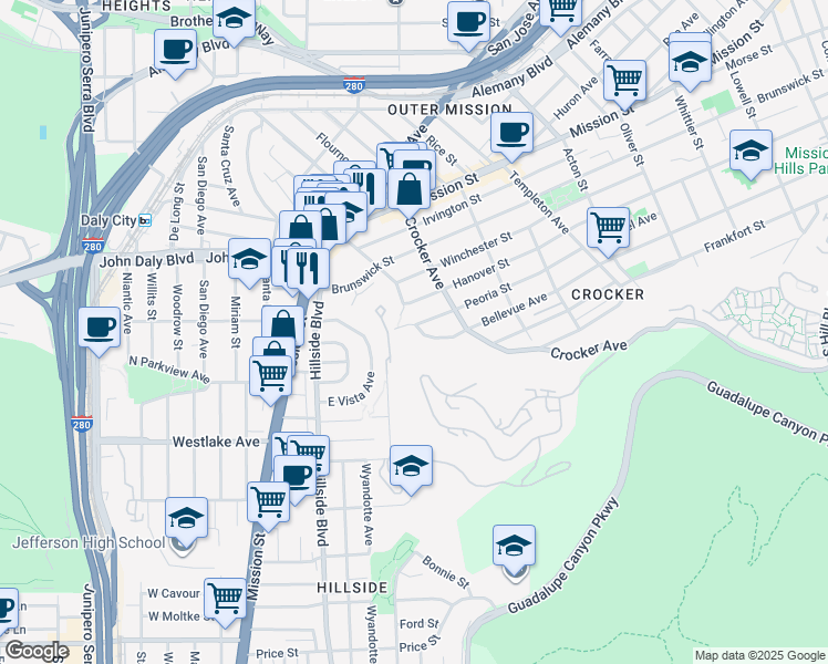 map of restaurants, bars, coffee shops, grocery stores, and more near 895 Bellevue Avenue in Daly City