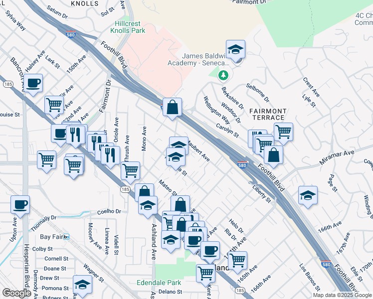 map of restaurants, bars, coffee shops, grocery stores, and more near 15963 Maubert Avenue in San Leandro