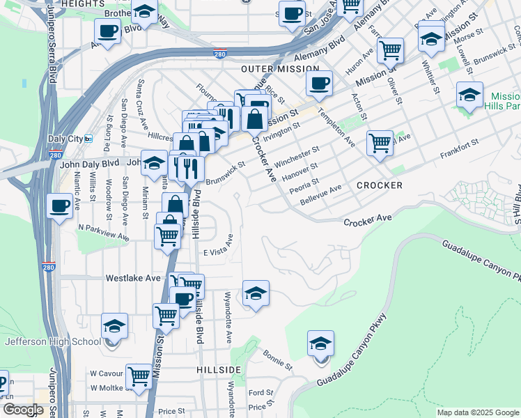 map of restaurants, bars, coffee shops, grocery stores, and more near 883 Bellevue Avenue in Daly City