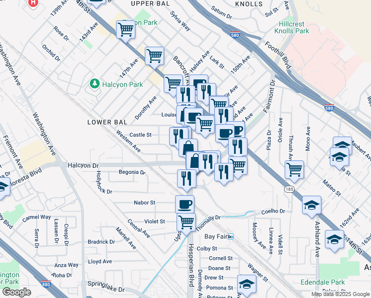 map of restaurants, bars, coffee shops, grocery stores, and more near 15073 Hesperian Boulevard in San Leandro