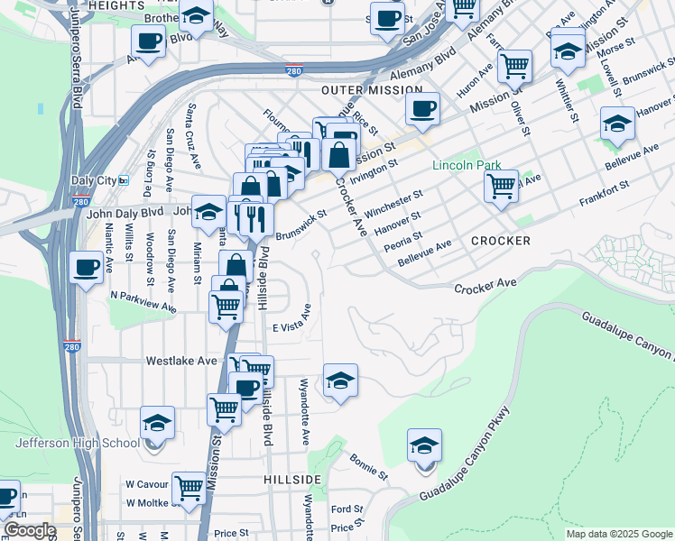 map of restaurants, bars, coffee shops, grocery stores, and more near 365 Peoria Street in Daly City