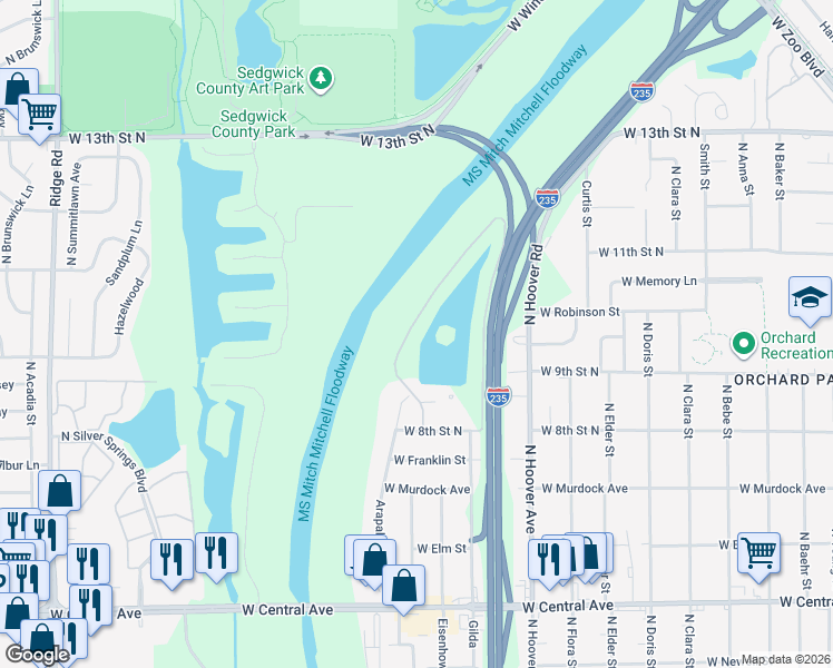 map of restaurants, bars, coffee shops, grocery stores, and more near 1014 North Bayshore Drive in Wichita