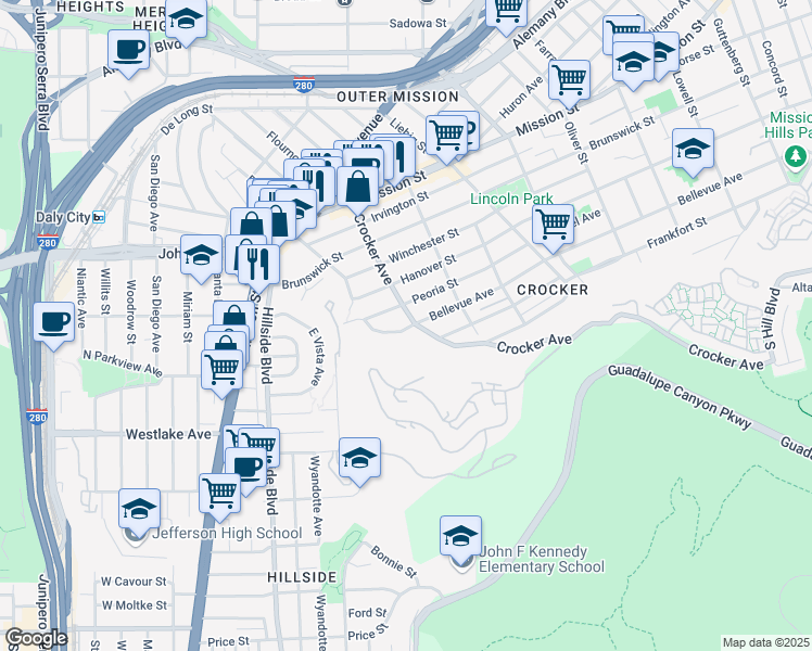 map of restaurants, bars, coffee shops, grocery stores, and more near 598 Crocker Avenue in Daly City