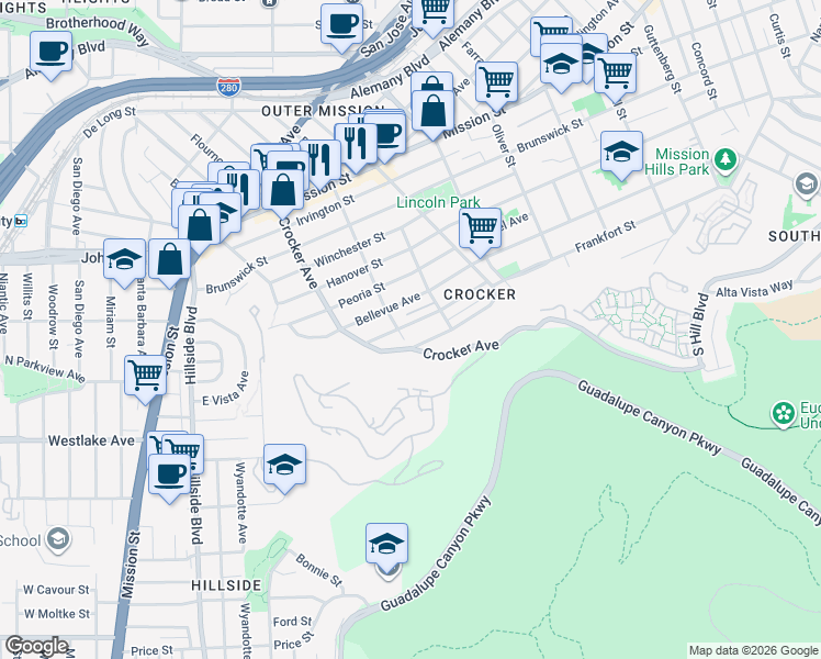 map of restaurants, bars, coffee shops, grocery stores, and more near 735 Crocker Avenue in Daly City