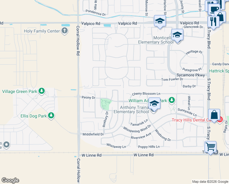 map of restaurants, bars, coffee shops, grocery stores, and more near 3955 Tropaz Lane in Tracy