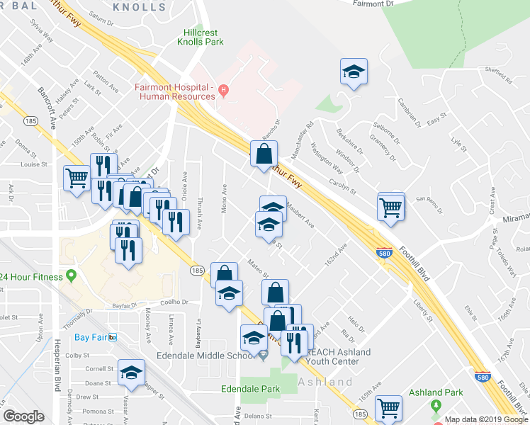 map of restaurants, bars, coffee shops, grocery stores, and more near 1600 159th Avenue in San Leandro